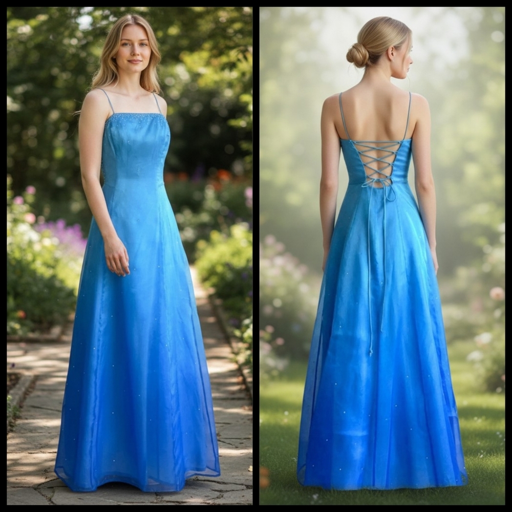 Y2K Blue Formal Dress Gown Ombre Rhinestones Sparkle Laceup Back Sz M 8 10 2000s
